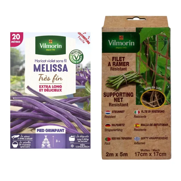 Kit de jardinage - Kit semis Haricot Grimpant Melissa 20m + Filet à ramer Jute - 2m x 5m - face recto