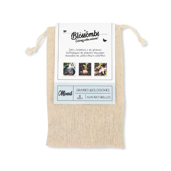 Bombes à graines - Blossombs - Sac Cadeau Coton Bio - 8 bombes à graines - BIO - face recto