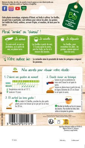 Aromatiques - Coriandre Cultivée - BIO - Grand Modèle - MEDIA_PACKAGING_VERSO