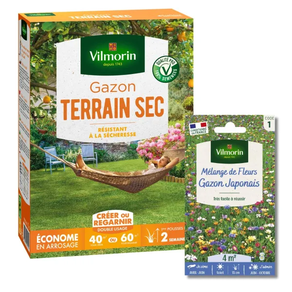 Terrain Sec - Gazon Terrain Sec - 1 kg + Gazon Japonais - 4 m² - Mélange de fleurs - face recto