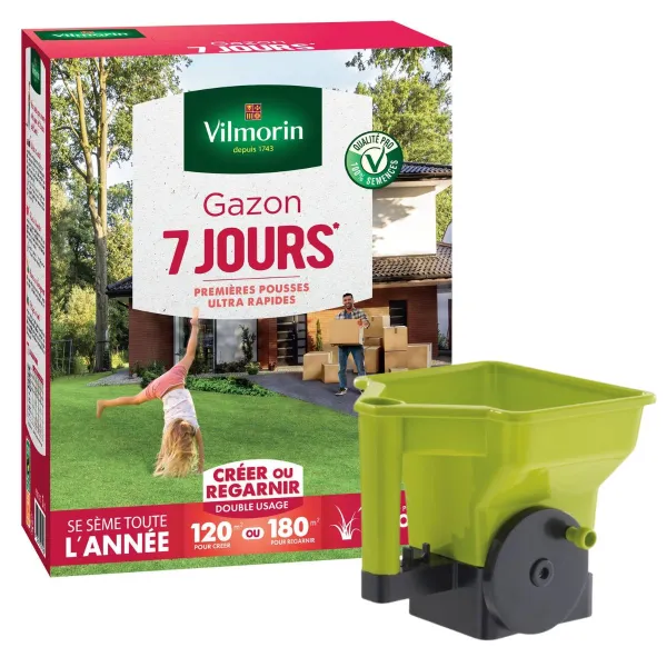 7 jours, pousse rapide - Gazon 7 jours - 3 kg + Semoir à main Gazon/Engrais - face recto