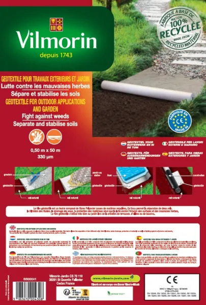 Aménagement des allées, massifs et haies - Géotextile Recyclé Travaux Extérieurs - 100 g/m² - 0.5 m x 50 m - Blanc - face recto