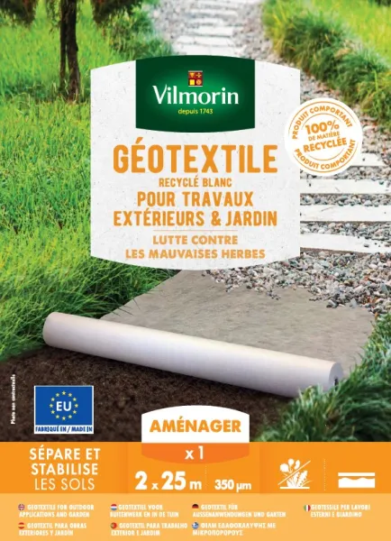 Aménagement des allées, massifs et haies - Géotextile Recyclé Travaux Extérieurs - 100 g/m² - 2 m x 25 m - Blanc - face recto