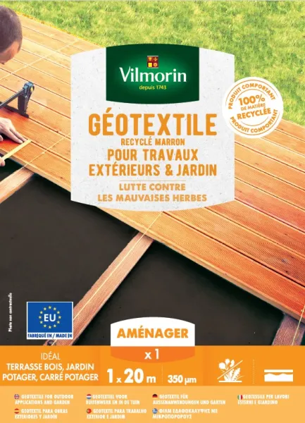 Aménagement des allées, massifs et haies - Géotextile Recyclé Travaux Extérieurs - 100 g/m² - 1 m x 20 m - Marron - face recto