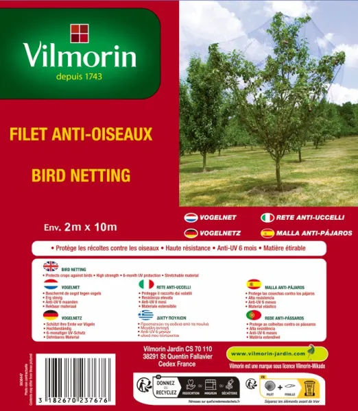 Croissance et protection des végétaux - Filet Anti-Oiseaux - 2 m x 10 m - face recto